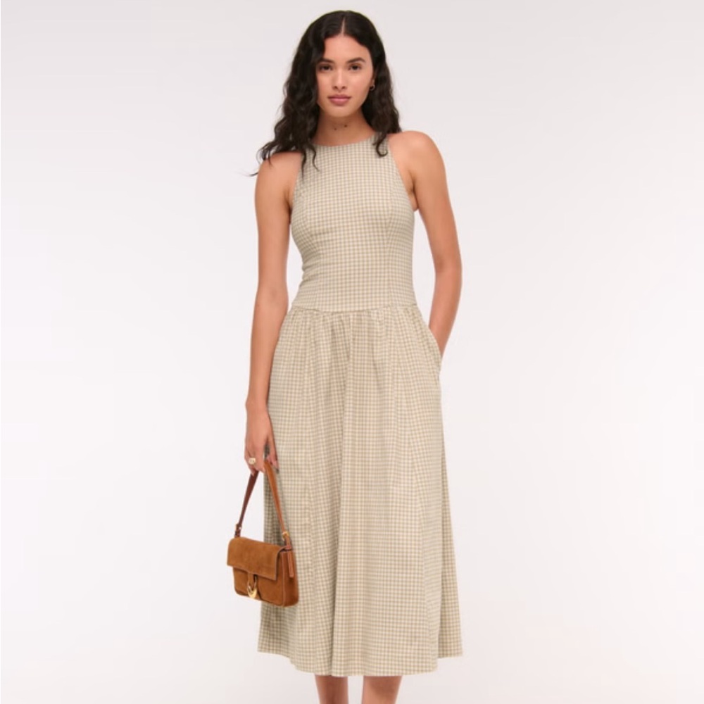 Abercrombie & Fitch Beige Gingham Midi Dress